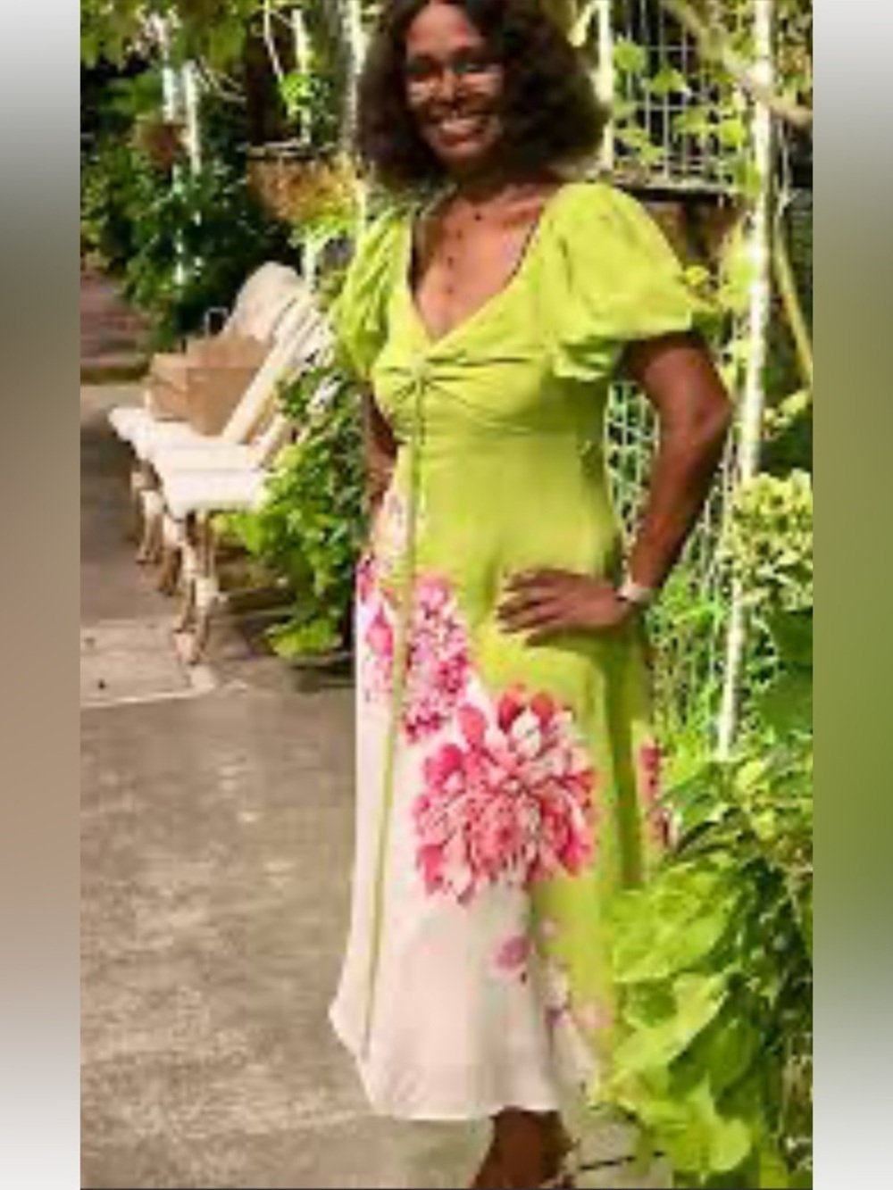 ALEX MARIE Rayon Green And Pink Floral Dress With Puff Sleeves. 14P